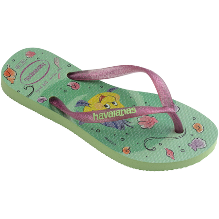 Green Disney's The Little Mermaid flip flops with Ariel and Sebastian and glitter pink straps right 3/4 view