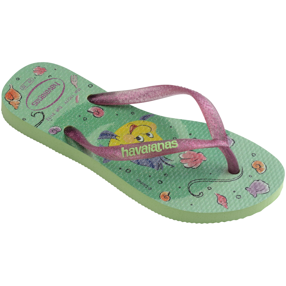 Green Disney's The Little Mermaid flip flops with Ariel and Sebastian and glitter pink straps right 3/4 view