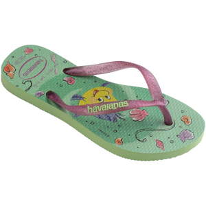 Green Disney's The Little Mermaid flip flops with Ariel and Sebastian and glitter pink straps right 3/4 view