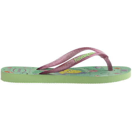 Green Disney's The Little Mermaid flip flops with Ariel and Sebastian and glitter pink straps side view