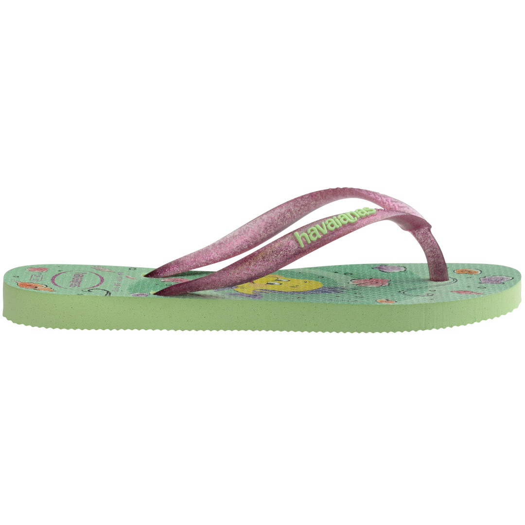 Green Disney's The Little Mermaid flip flops with Ariel and Sebastian and glitter pink straps side view