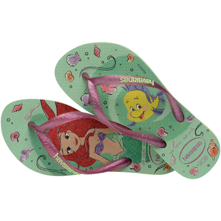 Green Disney's The Little Mermaid flip flops with Ariel and Sebastian and glitter pink straps alternate top view