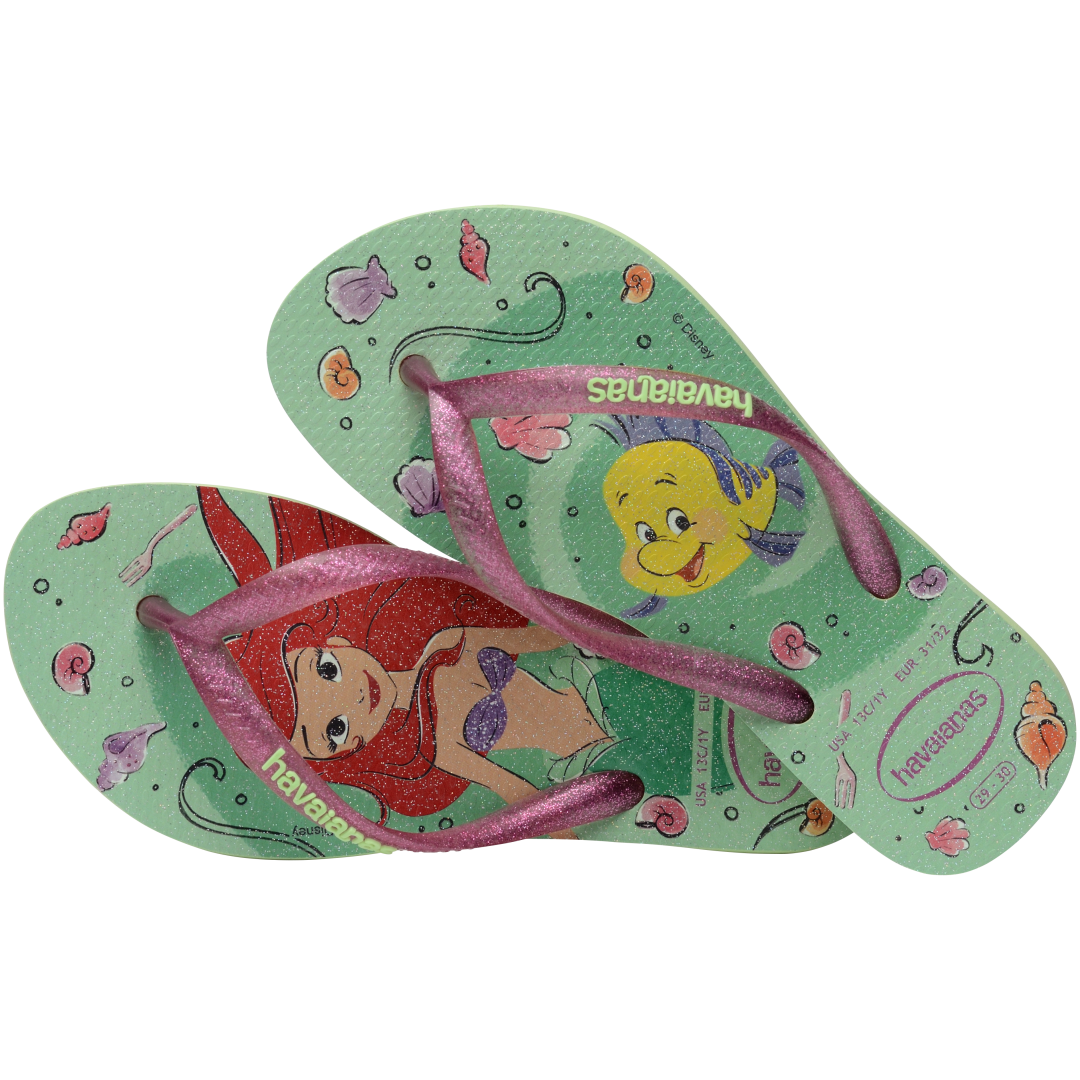 Green Disney's The Little Mermaid flip flops with Ariel and Sebastian and glitter pink straps alternate top view