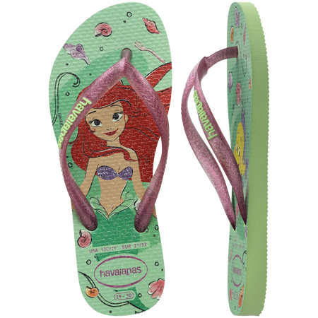 Green Disney's The Little Mermaid flip flops with Ariel and Sebastian and glitter pink straps top view and side view