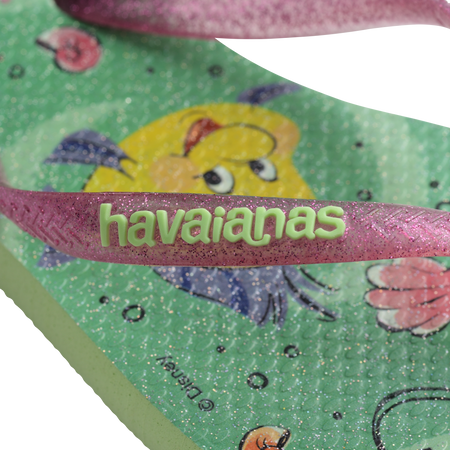 Green Disney's The Little Mermaid flip flops with Ariel and Sebastian and glitter pink straps with green logo detail view