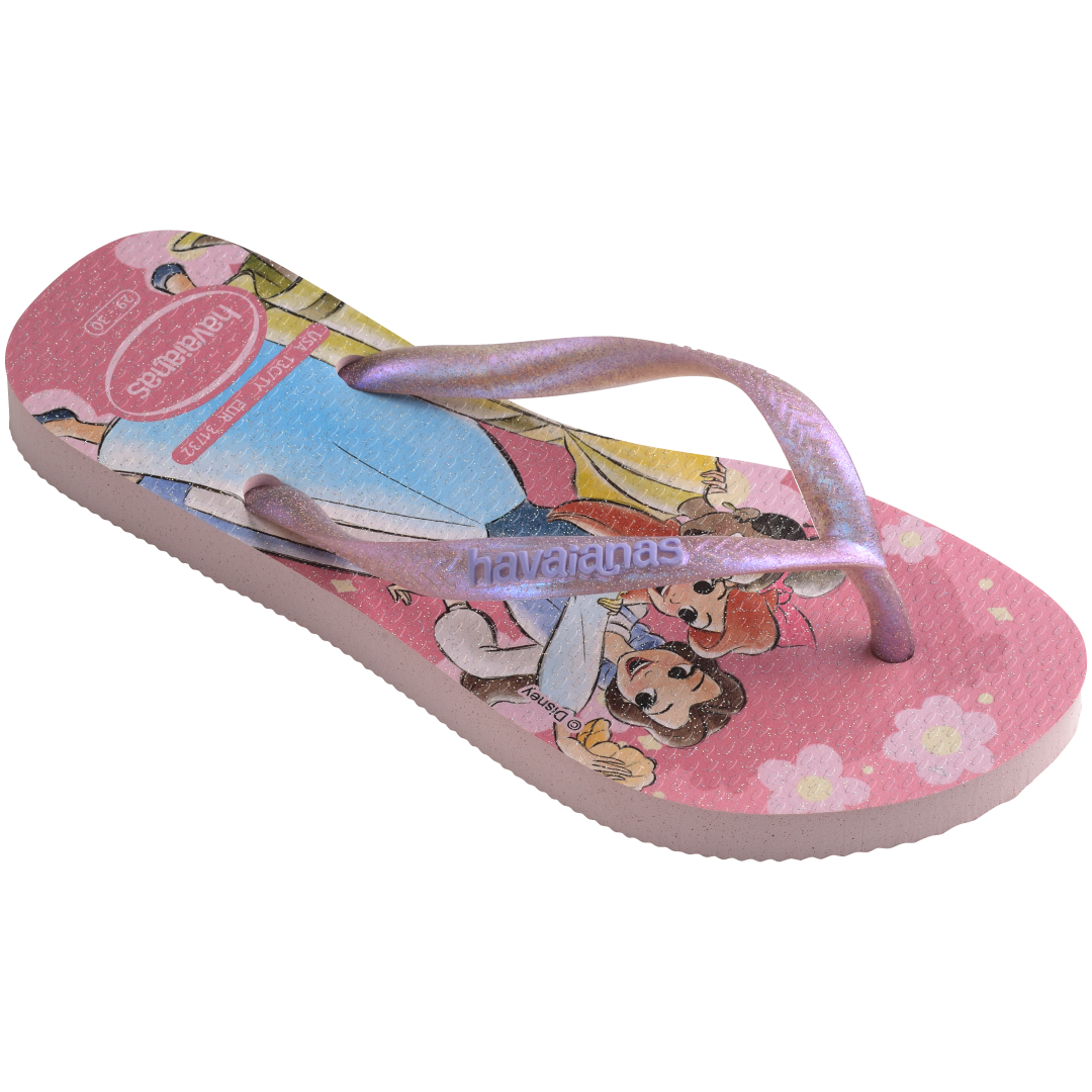 Pink Disney princess kids' flip flop 3/4 view