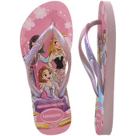 Pink Disney princess kids' flip flop top view with one on side