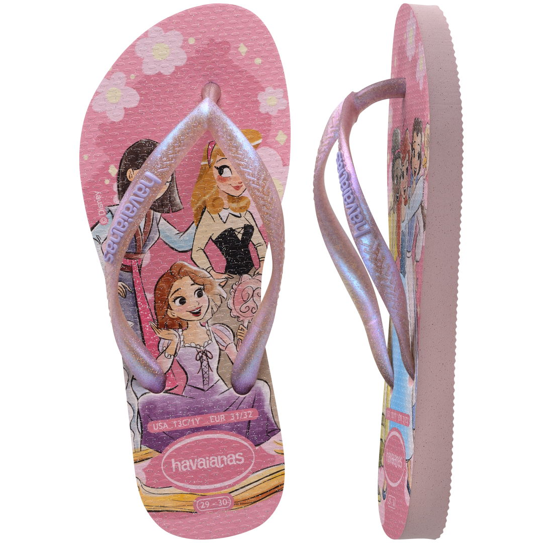 Pink Disney princess kids' flip flop top view with one on side