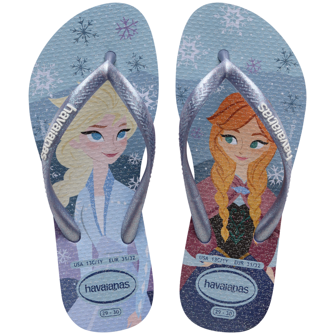 Kids' light blue Disney's Frozen Elsa and Anna flip flops with metallic blue strap top view