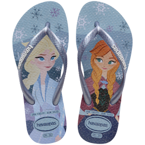 Kids' light blue Disney's Frozen Elsa and Anna flip flops with metallic blue strap top view