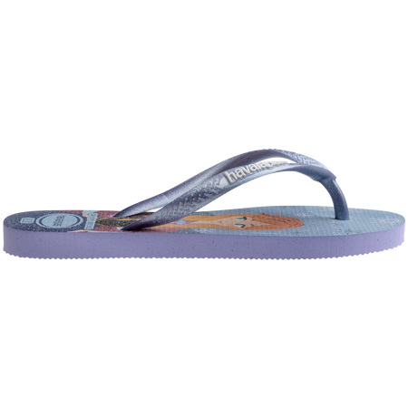 Kids' light blue Disney's Frozen Elsa and Anna flip flops with metallic blue strap side view