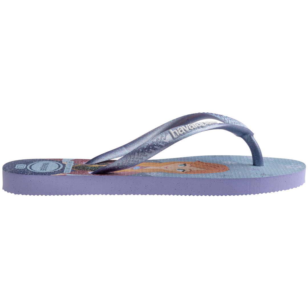 Kids' light blue Disney's Frozen Elsa and Anna flip flops with metallic blue strap side view