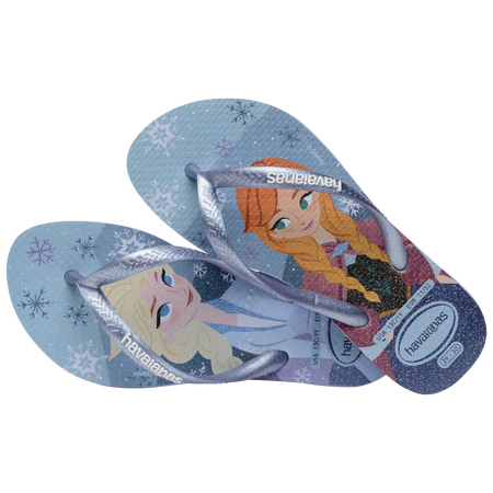 Kids' light blue Disney's Frozen Elsa and Anna flip flops with metallic blue strap alternate top view