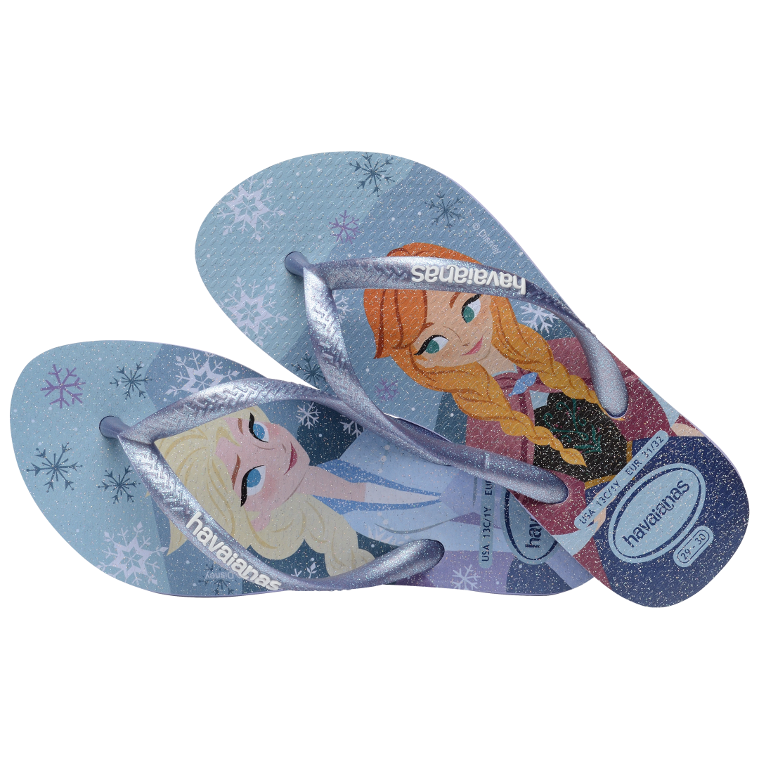 Kids' light blue Disney's Frozen Elsa and Anna flip flops with metallic blue strap alternate top view