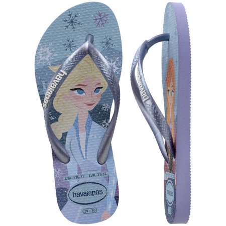 Kids' light blue Disney's Frozen Elsa and Anna flip flops with metallic blue strap top and side view