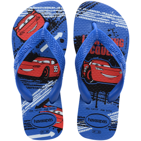 Kids' blue and red flip flops with Pixar's Cars print top view