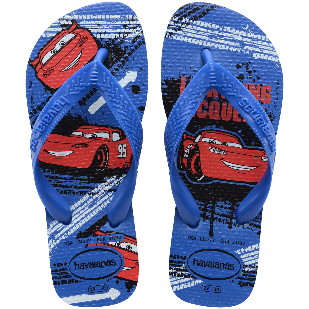 Kids' blue and red flip flops with Pixar's Cars print top view