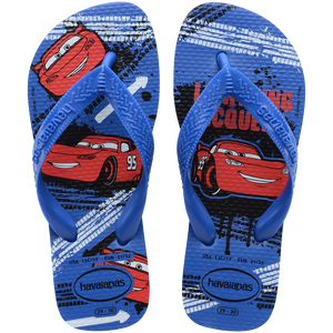 Kids' blue and red flip flops with Pixar's Cars print top view