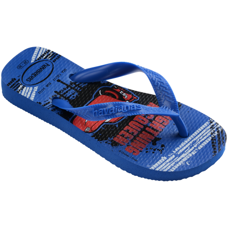 Kids' blue and red flip flops with Pixar's Cars print 3/4 side view