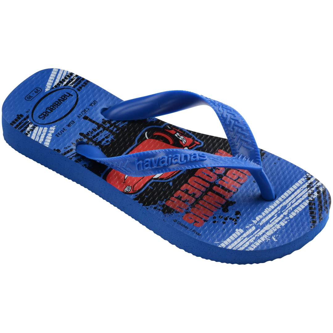 Kids' blue and red flip flops with Pixar's Cars print 3/4 side view