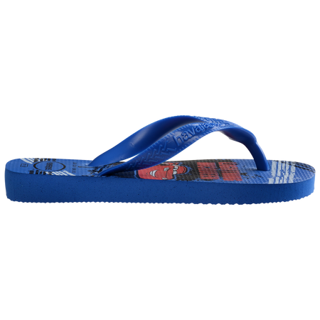 Kids' blue and red flip flops with Pixar's Cars print side view