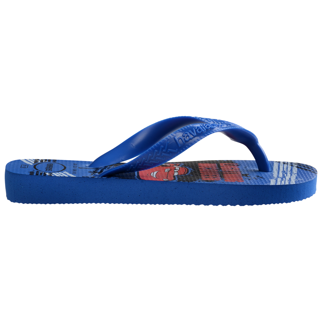 Kids' blue and red flip flops with Pixar's Cars print side view