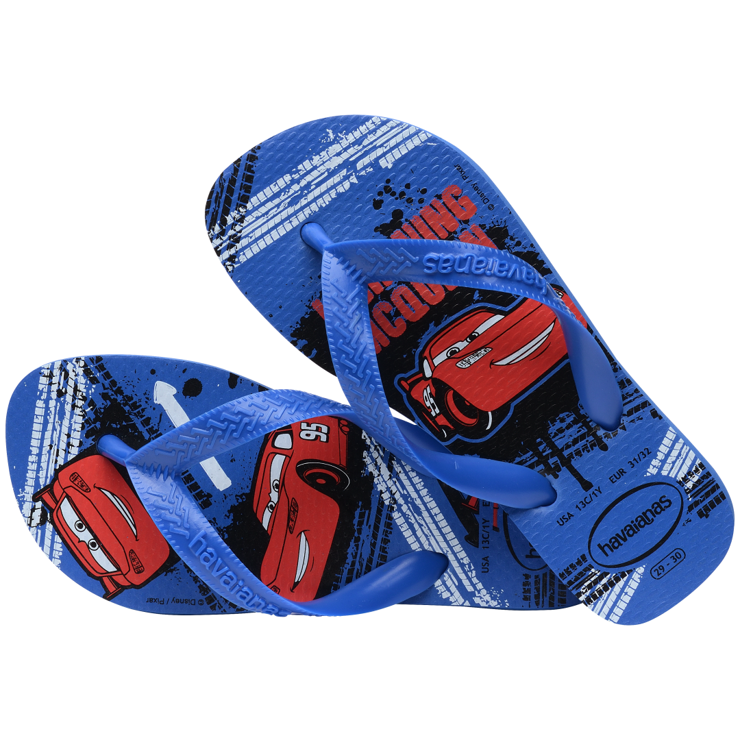 Kids' blue and red flip flops with Pixar's Cars print alternate top view