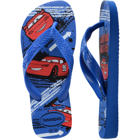 Kids' blue and red flip flops with Pixar's Cars print top and side view