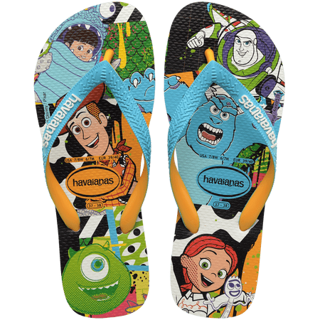 blue, green, orange background featuring Buzz Lightyear, Woody, Mike and Sully from Monster's INC. and other characters with a blue strap, top view