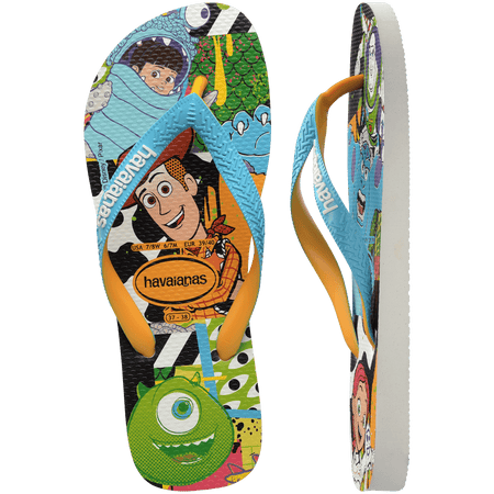 blue, green, orange background featuring Buzz Lightyear, Woody, Mike and Sully from Monster's INC. and other characters with a blue strap, one sandal top view, one sandal side view