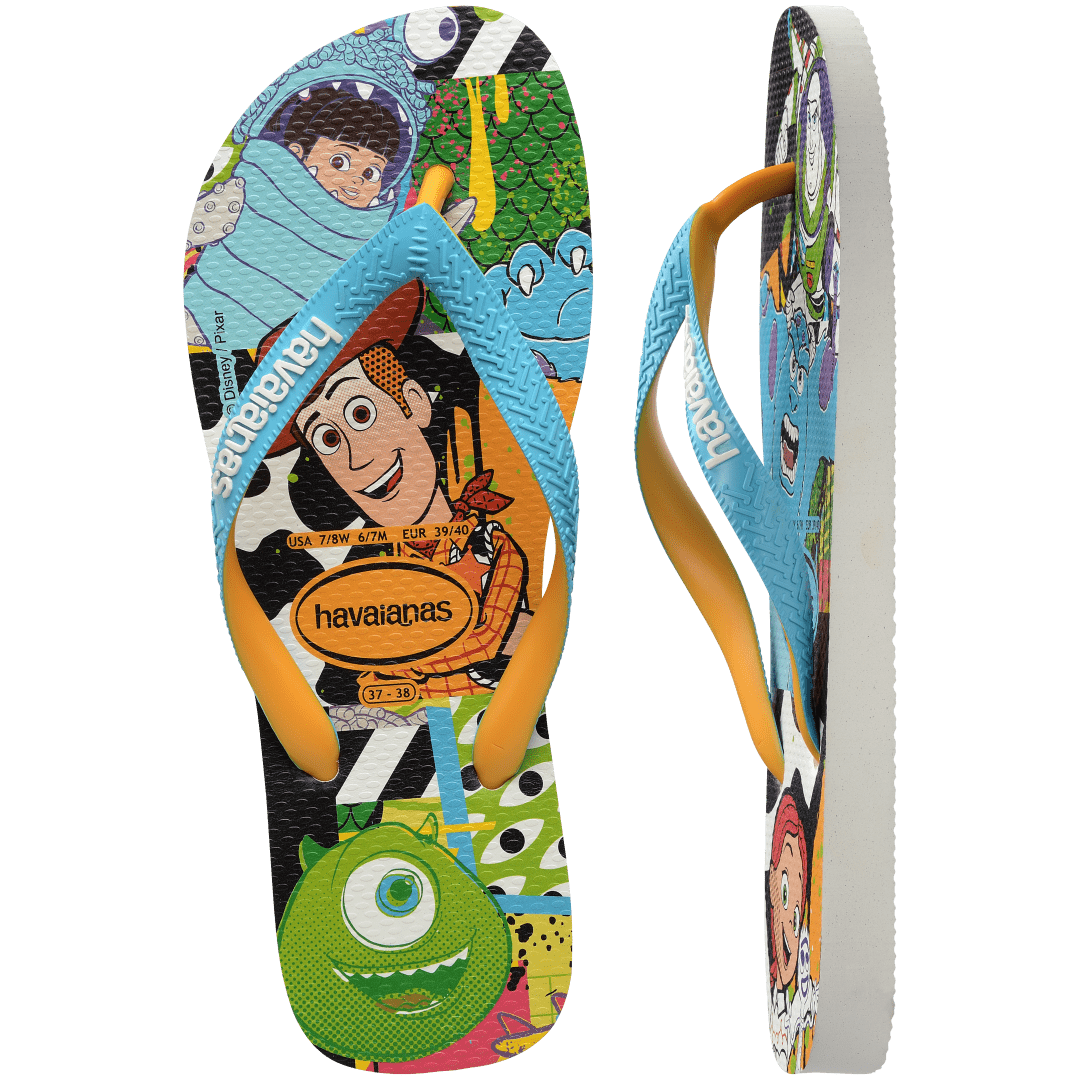 blue, green, orange background featuring Buzz Lightyear, Woody, Mike and Sully from Monster's INC. and other characters with a blue strap, one sandal top view, one sandal side view