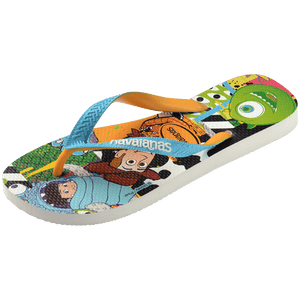 blue, green, orange background featuring Buzz Lightyear, Woody, Mike and Sully from Monster's INC. and other characters with a blue strap, front left view