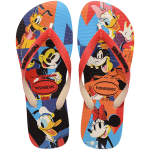 flip flop with multicolor background featuring minnie mouse, mickey mouse, daffy duck, with red straps and black havaianas logo, top view