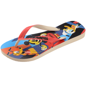 flip flop with multicolor background featuring minnie mouse, mickey mouse, daffy duck, with red straps and black havaianas logo, front left side view