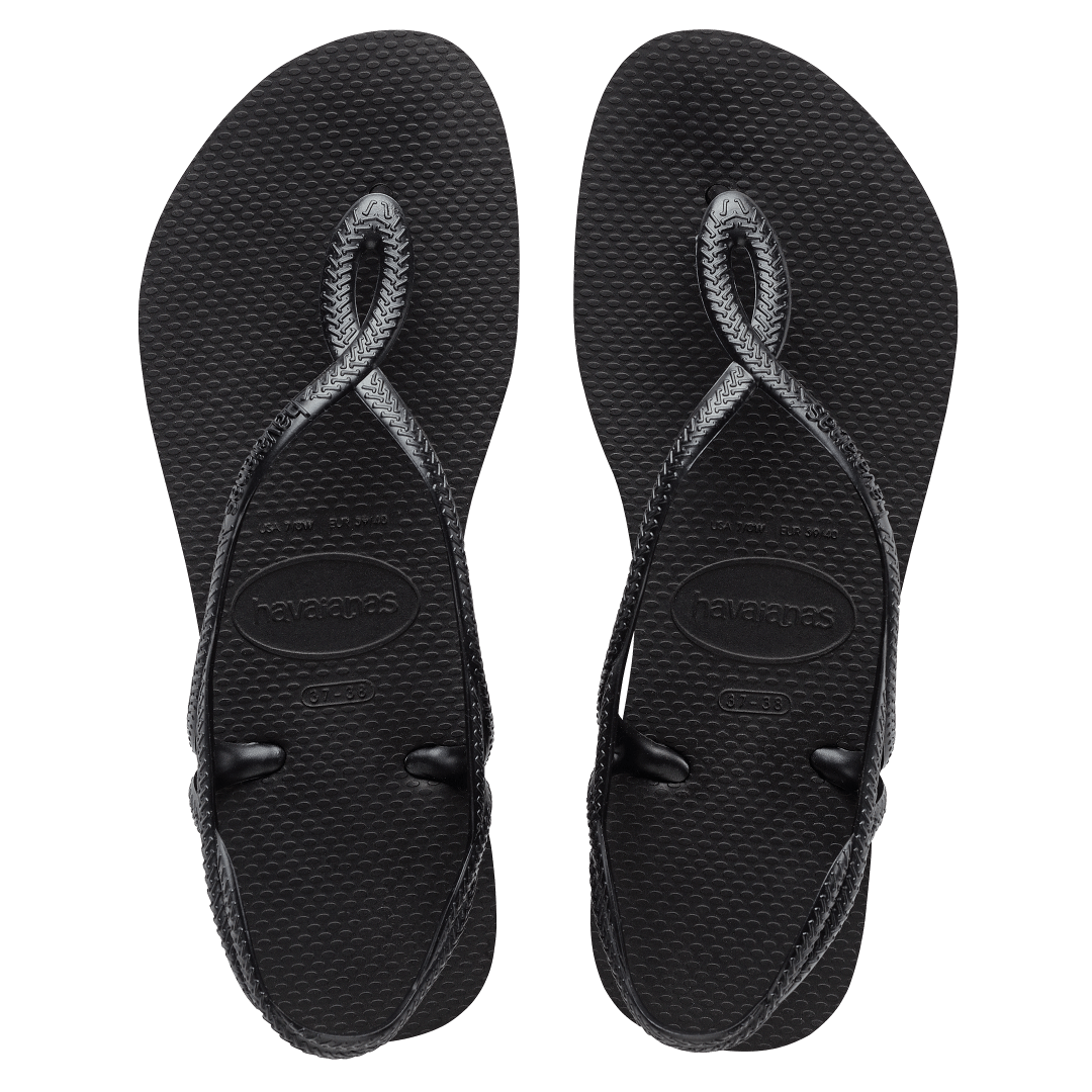 Women's black sandal with figure 8 strap detail, front view