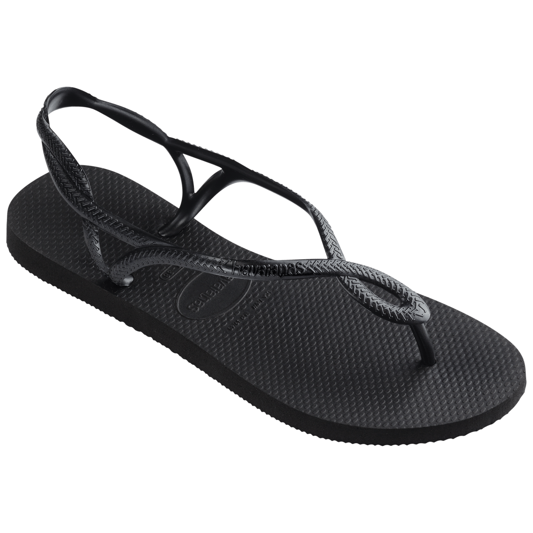 Women's black sandal with figure 8 strap detail, 3/4 side view