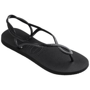 Women's black sandal with figure 8 strap detail, 3/4 side view