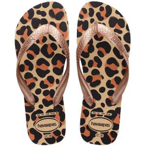 flip flops with black, brown, and beige leopard print and beige metallic straps, top view