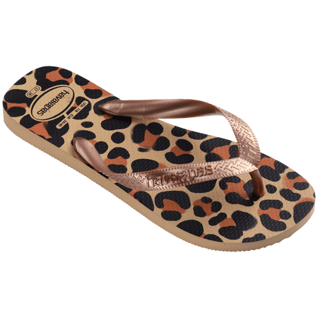 flip flops with black, brown, and beige leopard print and beige metallic straps, front right view