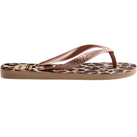 flip flops with black, brown, and beige leopard print and beige metallic straps, side view
