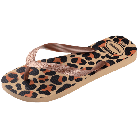 flip flops with black, brown, and beige leopard print and beige metallic straps, front left view