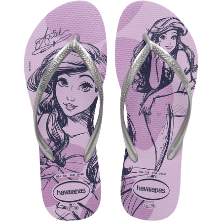 lilac flip flops with Disney's Princess Ariel sketched on them and silver metallic straps, top view