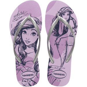 lilac flip flops with Disney's Princess Ariel sketched on them and silver metallic straps, top view