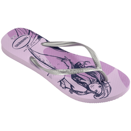 lilac flip flops with Disney's Princess Ariel sketched on them and silver metallic straps, front right view