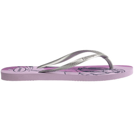 lilac flip flops with Disney's Princess Ariel sketched on them and silver metallic straps, side view