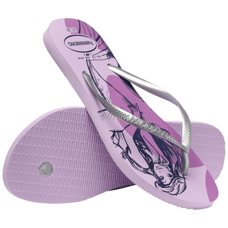 lilac flip flops with Disney's Princess Ariel sketched on them and silver metallic straps, one shoe leaning on the other toe side down