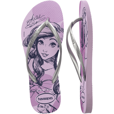 lilac flip flops with Disney's Princess Ariel sketched on them and silver metallic straps, one top view, one side view