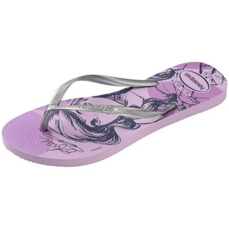 lilac flip flops with Disney's Princess Ariel sketched on them and silver metallic straps, front left view