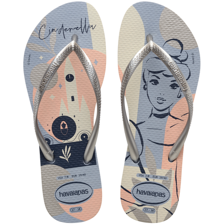 Women's light blue and light pink Disney's Cinderella flip flops with silver metallic straps top view