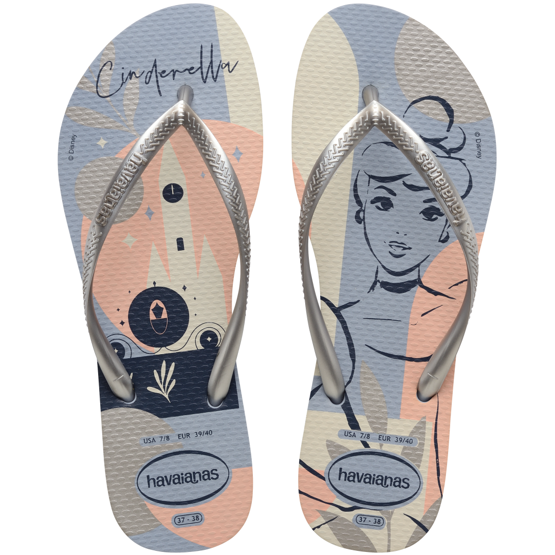 Women's light blue and light pink Disney's Cinderella flip flops with silver metallic straps top view